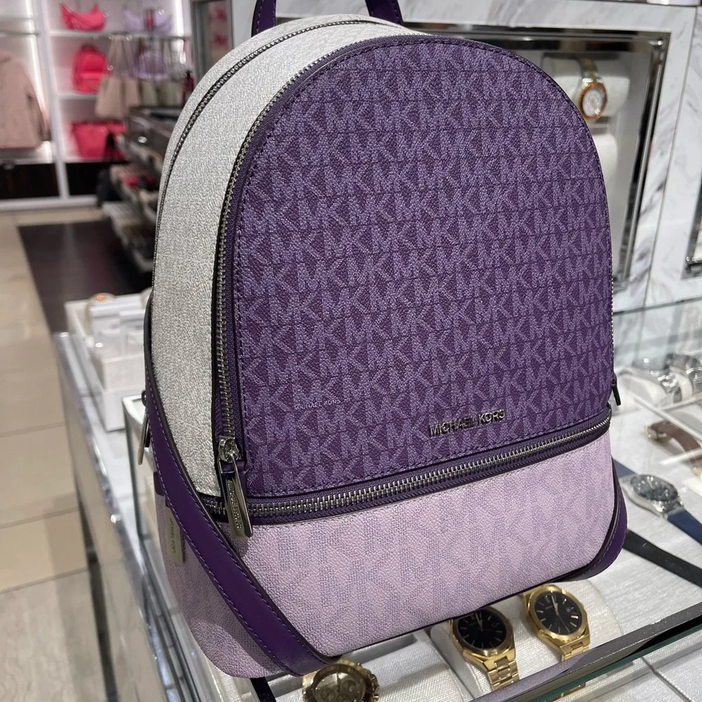 MICHAEL KORS Rhea Medium Zip Color-Block Signature Logo Backpack Dark Purple MLT